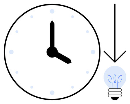 Clock face, black arrow, and lightbulb highlighting time management, creativity, productivity. Ideal for efficiency, innovation, deadlines planning focus strategic thinking success. Simple flat