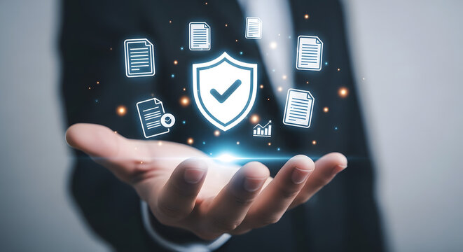 A hand holding a shield icon with document icons floating above, representing data protection and cybersecurity in business