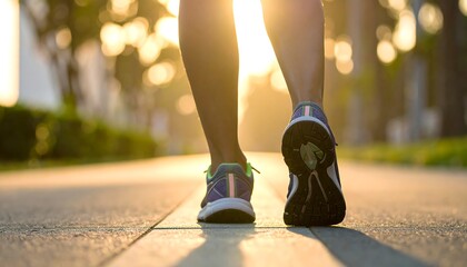 Close-up of legs walking on a sunlit path towards the viewer, showing sporty shoes and a blurred background