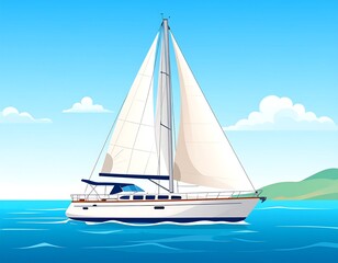 A colorful illustration featuring a sailboat gliding over tranquil, blue waters under a bright sky with fluffy clouds, with a hill in the background