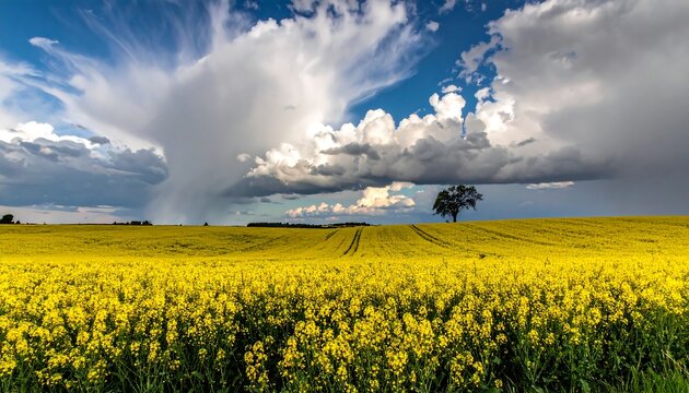Panoramic view of a vast field of yellow flowers with dramatic, cloudy skies and a lone tree in the distance - Powered by Adobe