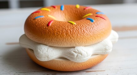 Bagel with cream cheese and colorful sprinkles on a white wooden table
