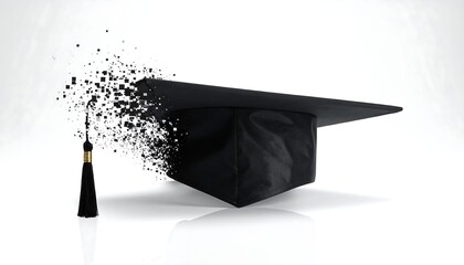 A graduation cap dissolves into pixelated particles against a clean white background, symbolizing transition