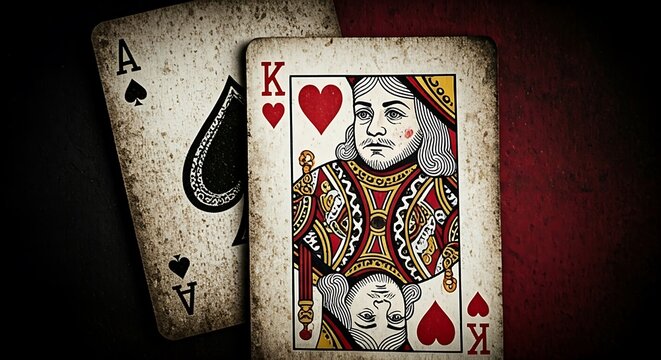 Ace of spades and king of hearts playing cards, vintage and antique look