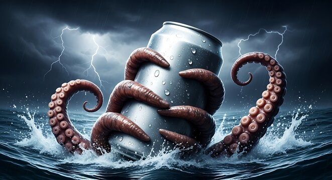 Octopus tentacles holding a can in the ocean during a thunderstorm