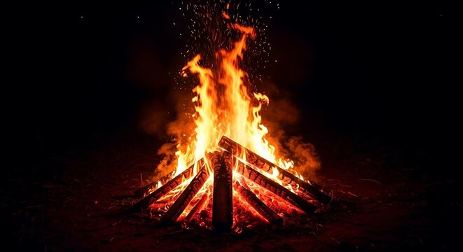 Large bonfire of logs burning brightly in the dark with flying sparks