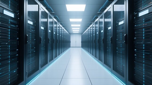 Shot of Data Center With Multiple Rows of Fully Operational Server - Powered by Adobe
