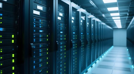 Shot of a Working Data Center With Rows of Rack Servers. Led Lights