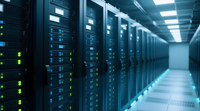 Shot of a Working Data Center With Rows of Rack Servers. Led Lights