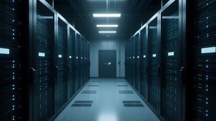 Modern Data Technology Center Server Racks Working in Dark Facility.