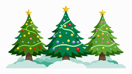 Obraz premium Vector art of a trio of festive christmas trees adorned with colorful ornaments and stars, perfect for holiday designs and greetings