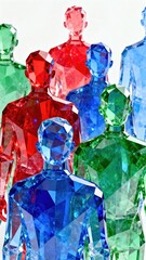 Colorful abstract figures made of crystal-like material, showcasing a vibrant arrangement of red, blue, and green hues, creating a striking visual effect with a sense of depth and dimension