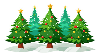 Fototapeta premium Vector art of a festive group of christmas trees, each adorned with colorful ornaments and a shining star, stand in a snowy landscape