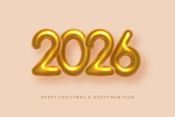 2026 Happy New Year greeting card vector background. 2026 golden balloon numbers on beige. Luxury festive sparkle holiday postcard, invitation, banner for social media.