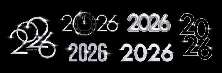 2026 Happy New Year greeting cards set. Silver glowing numbers 2026 with light effects on black. Luxury festive sparkle holiday postcard, invitation, banner, poster. Vector illustration.