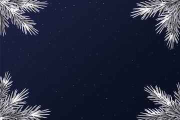 Festive frame for Christmas or New Year greeting cards, posters, invitations. Silver pine tree branches in corners on navy blue background with glowing particles. Elegant holiday vector backdrop.