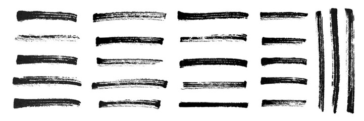 Black highlight marker lines isolated on white background. Various marker pen strokes with different length and thickness hand drawn set. Realistic vector graphic modern design elements.