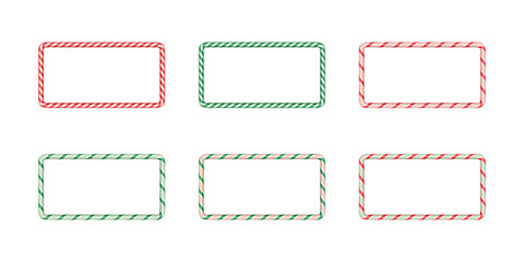 Colorful candy cane borders in red, green, and white stripes. Festive rectangular frames with twisted peppermint design for holiday cards, or Christmas decor. Realistic vector illustrations set.