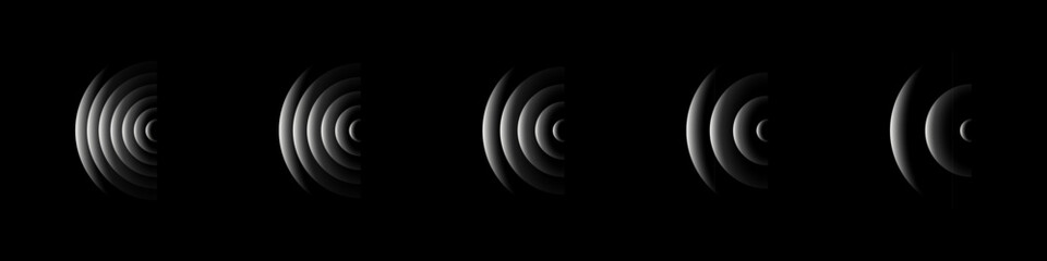 Sound wave rings. Glowing neon white wifi, wireless network, signal circles with futuristic motion ripple effect isolated on black background. Tech abstract vector illustration.