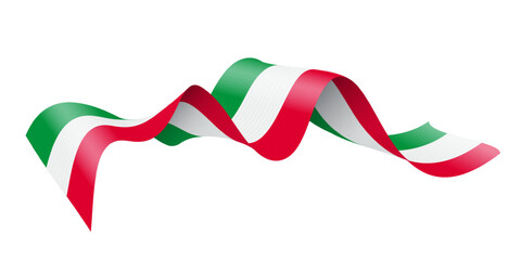Italy ribbon wave in green, white, and red colors. Wavy tricolor banner symbolizing national flag with smooth curves and folds. Elegant patriotic decoration for events. Realistic vector illustration.