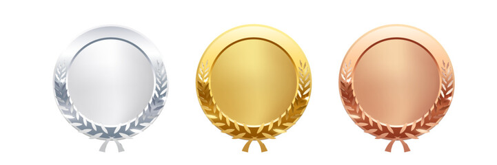 Gold, silver, bronze circle medals. Metal coins. First, second, third place award frames isolated on white background. Winners trophy. Blank shiny badge, label. Realistic vector illustration.