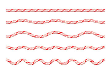 Red and white candy cane ropes in various wave patterns. Festive twisted lines with increasing curvature for Christmas borders, dividers, decorative holiday designs. Realistic vector illustrations