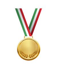 Golden medal. Realistic 3D award medal with ribbons, symbolizing first place in sports, competitions, and athletic events. Vector illustration.