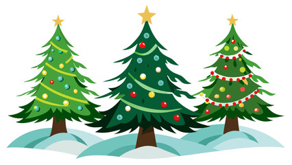 Fototapeta premium Vector art of a cheerful arrangement of decorated christmas trees standing in the snow, perfect for holiday greetings and designs