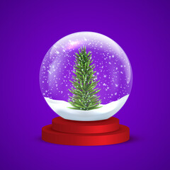 Snow globe. Transparent glass snowball with red base, snow, snowflakes, and Christmas tree on purple. Vector festive decoration for Christmas and New Year design. Realistic vector illustration.