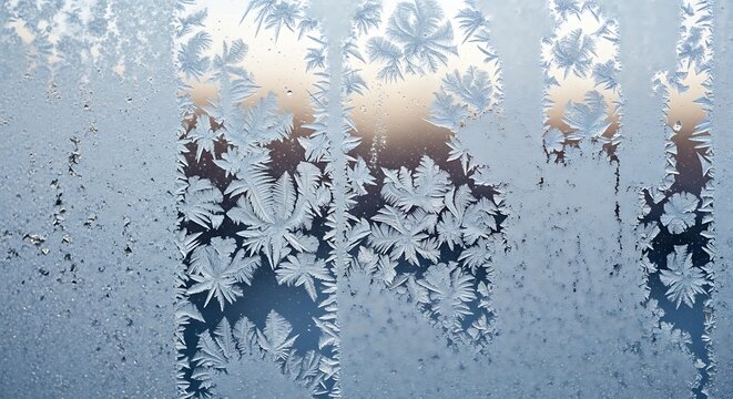 Frost patterns on a window pane with a blurred background of the sky during sunrise or sunset