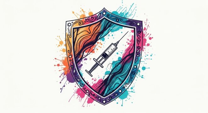 vibrant shield with abstract syringe design and colorful splatters on white background. symbol of protection. national immunization awareness month. health campaign visuals