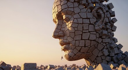 Fragmented stone face dissolving into abstract cubes at sunset