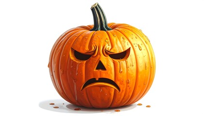 Fototapeta premium An orange, round pumpkin with an angry, carved face. Droplets of water are seen on its surface, against a white backdrop