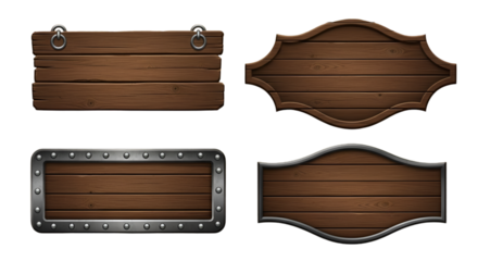 Collection of four wooden signboards with metal frames