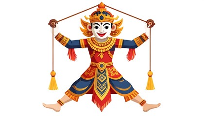 Colorful illustration of a traditional Southeast Asian puppet, dressed in ornate costume, hands and legs spread, ropes attached