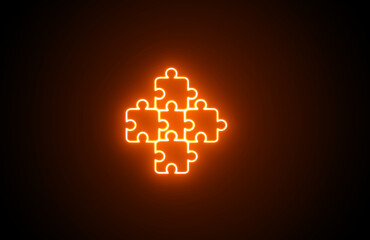Neon glowing puzzle icons. Neon Game icons. Fire color puzzle solve icons on black background.	