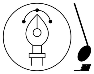 Pen tool icon inside circle with anchor points, alongside a stylized lamp and laptop. Ideal for graphic design, creativity, technology, innovation, digital tools, education and modern art. Minimal