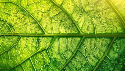 Closeup of a Translucent Green Leaf with Visible Veins and Cellular Structures in Macro Photography Bathed in Sunlight