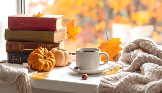 Cozy autumn scene with a stack of books, pumpkins, a cup of tea, and fall leaves near a window