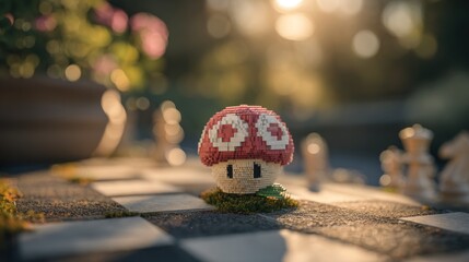 Pixelated Mushroom Figure on Chessboard in Golden Sunlight of Garden Setting
