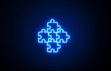 Neon glowing puzzle icons. Neon Game icons. Blue color puzzle solve icons on black background.	