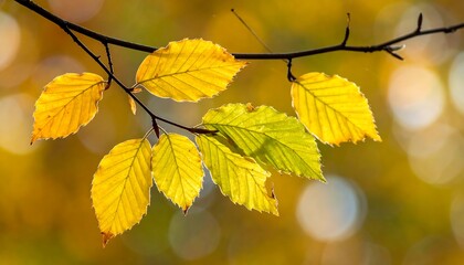Obraz premium Close-up shot of golden leaves attached to a tree branch, with a blurred background of similar autumnal colors. The leaves are backlit
