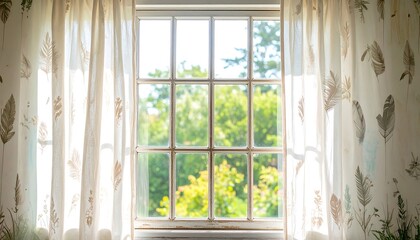 Fototapeta premium Window with Curtains Overlooking Green Trees in Bright Sunlight