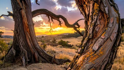 Golden hour landscape of a weathered tree framing a stunning sunset over a vast, arid grassland