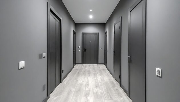 Interior shot of a long, modern corridor with multiple dark grey doors along both sides. Light wood flooring and recessed lighting