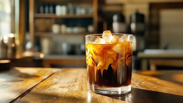 Scene shown near a glass filled with iced coffee and caramel, Camera slow motion with different angles.