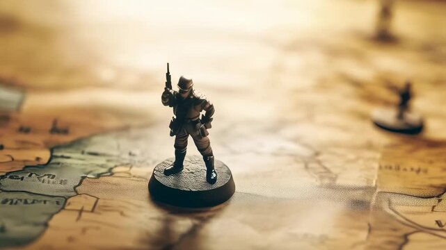Hand moving miniature figurine on map during tabletop wargame session, focusing on strategy, tactics, and immersive gameplay in fantasy world
