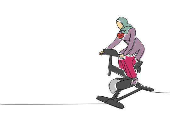 Single one line drawing Arab woman in hijab pedaling a stationary bike. Exercise when work is piling up. Healthy. National Employee Health and Fitness Day. Continuous line design graphic illustration
