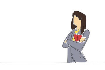 Single one line drawing woman in blazer crosses arms in front of her chest. Healthy employees, smooth business. National Employee Health and Fitness Day. Continuous line design graphic illustration