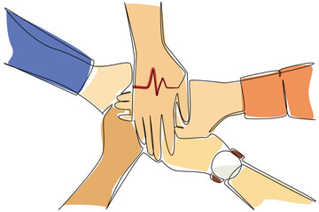 Single one line drawing several hands stacked in a circle with the heart pulse in the middle. Work team agreement. National Employee Health and Fitness Day. Continuous line design graphic illustration